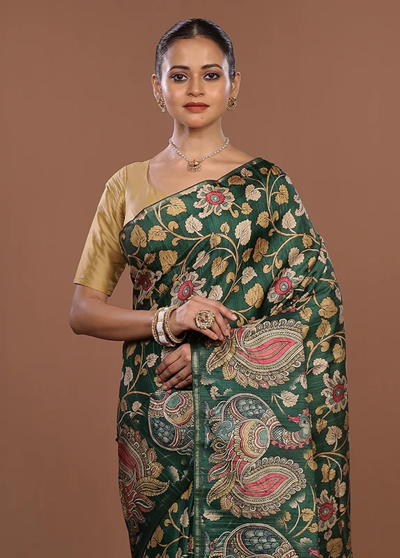Green Dupion Silk Saree With Blouse Piece One Size