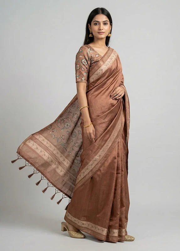 Peach Dupion Silk Saree With Blouse Piece One Size