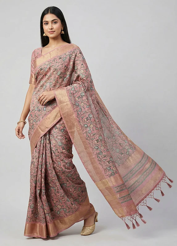 Pink Dupion Silk Saree With Blouse Piece One Size