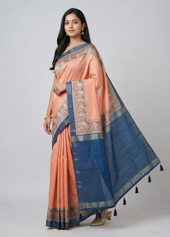 Peach Dupion Silk Saree With Blouse Piece One Size