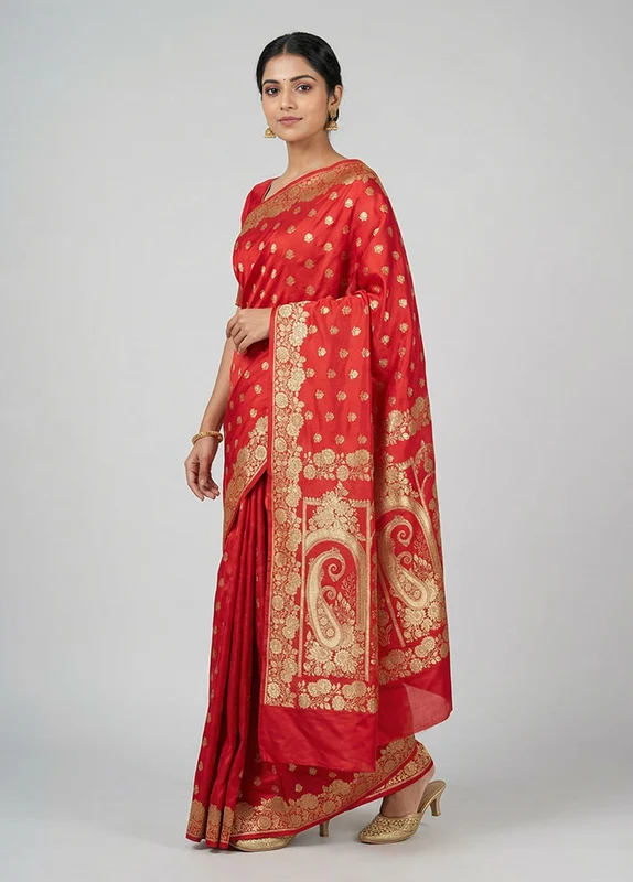 Red Banarasi Silk Saree With Blouse Piece One Size
