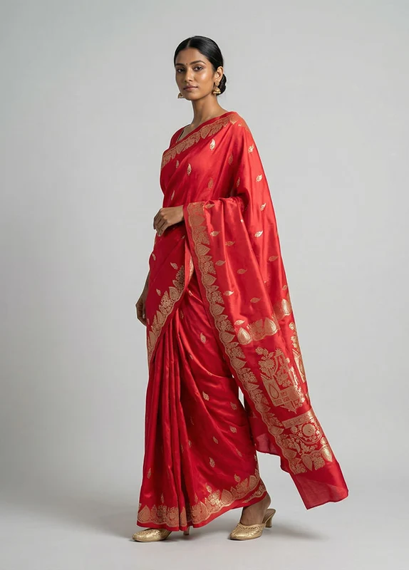 Red Banarasi Silk Saree With Blouse Piece One Size