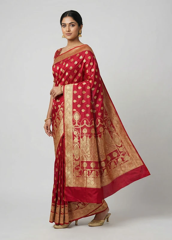Red Banarasi Silk Saree With Blouse Piece One Size