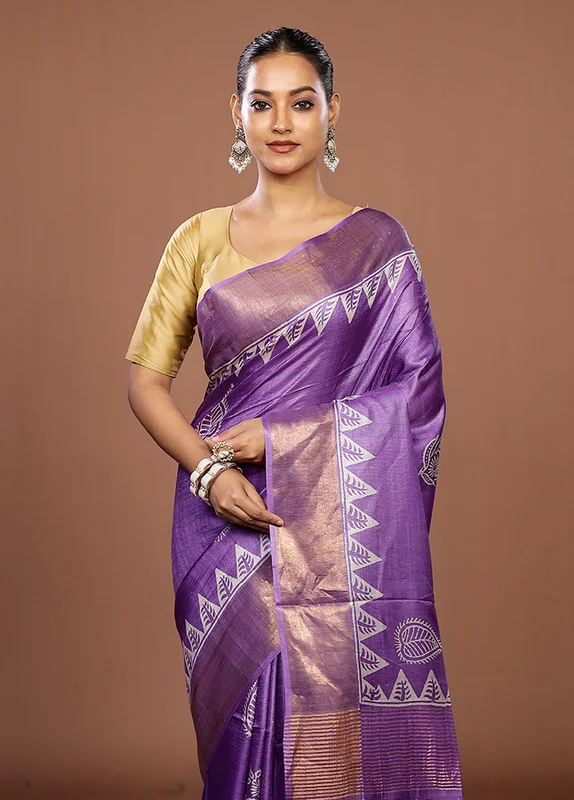 Purple Tussar Silk Saree With Blouse Piece One Size