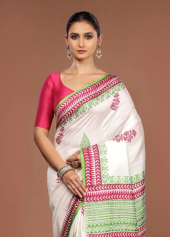 White Printed Silk Saree Without Blouse Piece One Size