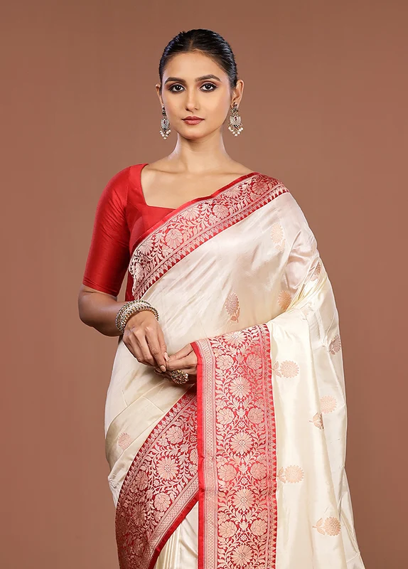 Cream Handloom Katan Pure Silk Saree With Blouse Piece One Size