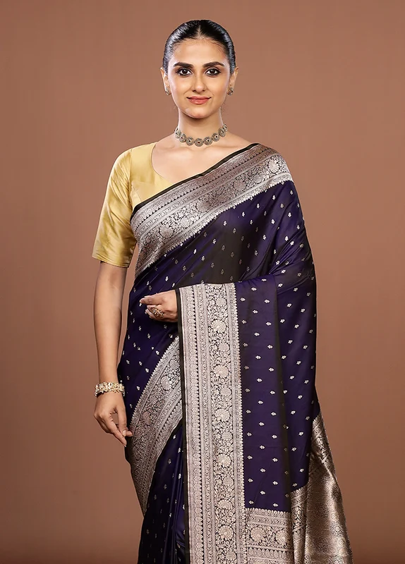 Blue Katan Silk Saree With Blouse Piece One Size
