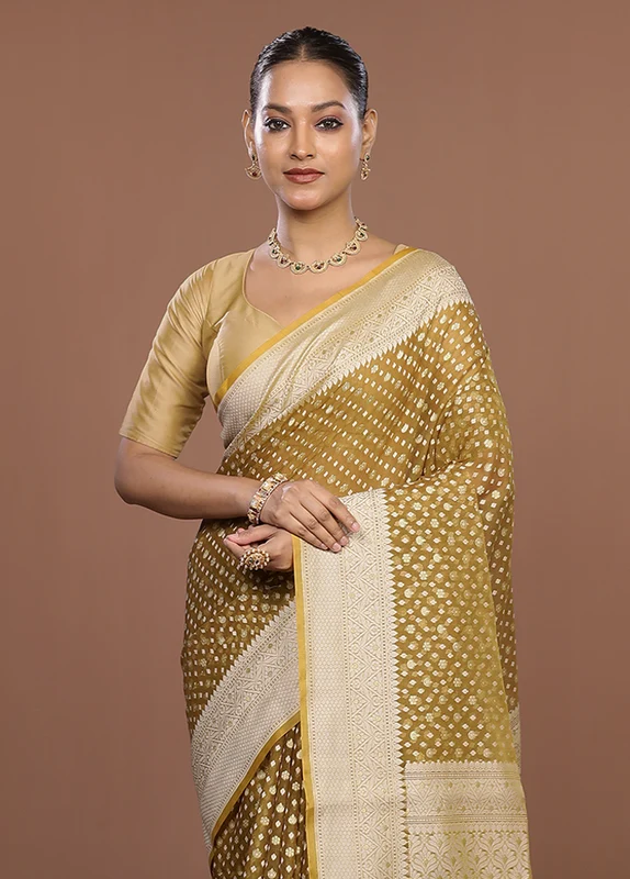 Yellow Kora Silk Saree With Blouse Piece One Size