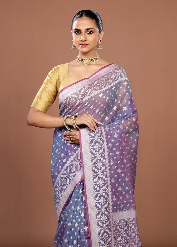 Blue Kora Silk Saree With Blouse Piece One Size