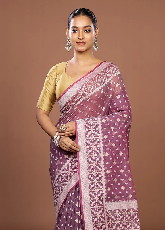 Purple Kora Silk Saree With Blouse Piece One Size