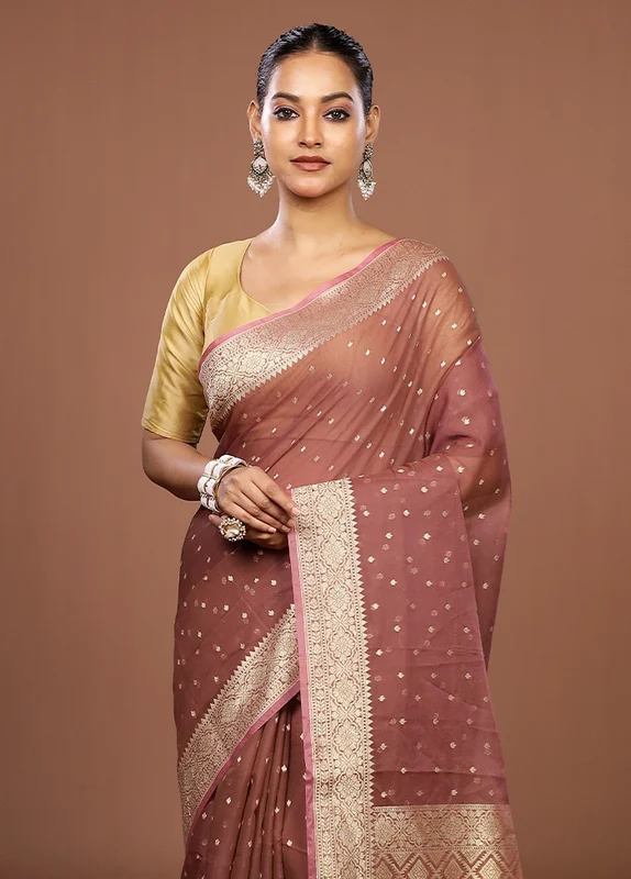 Brown Kora Silk Saree With Blouse Piece One Size