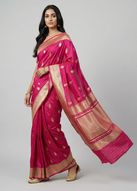 Pink Katan Silk Saree With Blouse Piece One Size