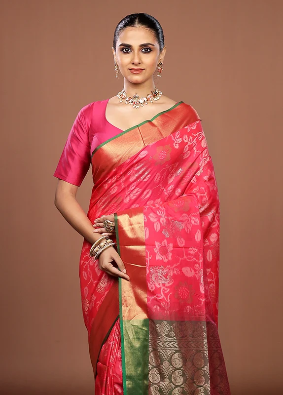 Pink Dupion Silk Saree With Blouse Piece One Size