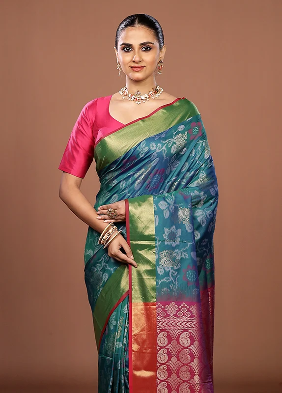 Blue Dupion Silk Saree With Blouse Piece One Size