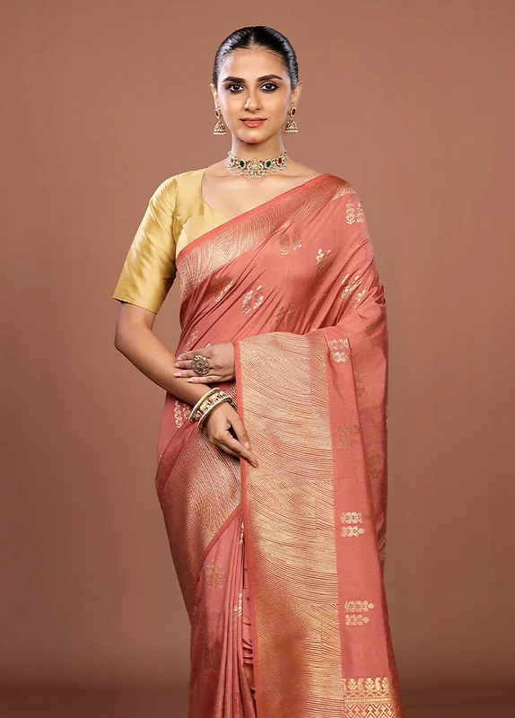 Pink Dupion Silk Saree With Blouse Piece One Size