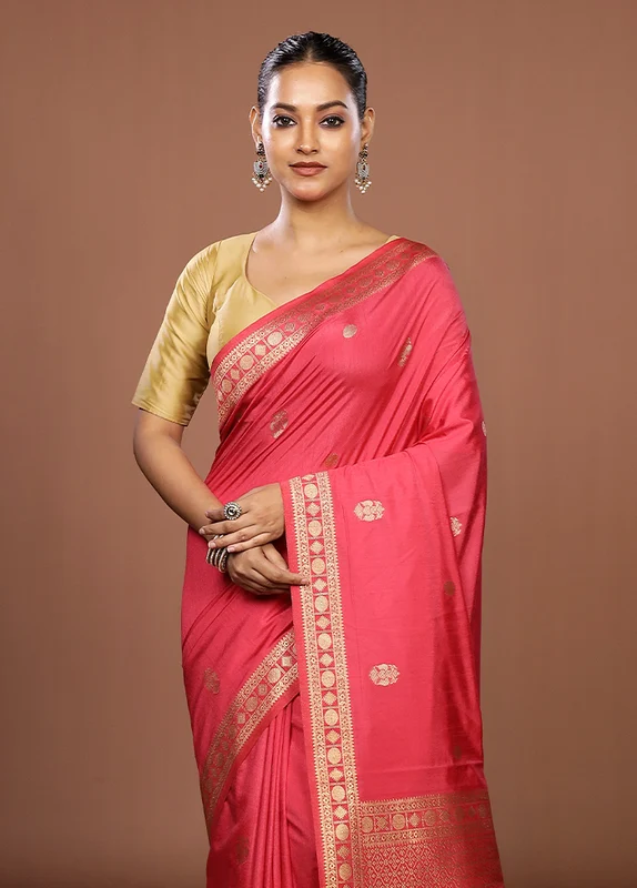 Pink Dupion Silk Saree With Blouse Piece One Size