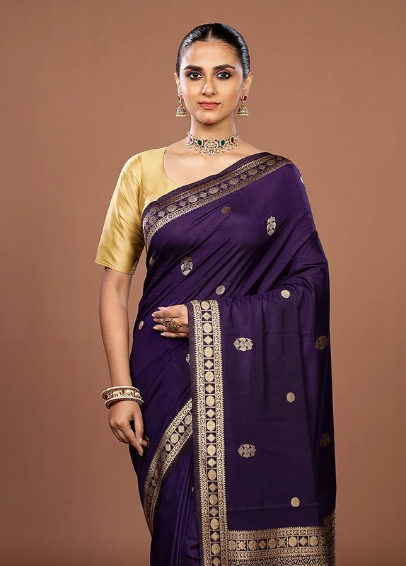 Purple Dupion Silk Saree With Blouse Piece One Size