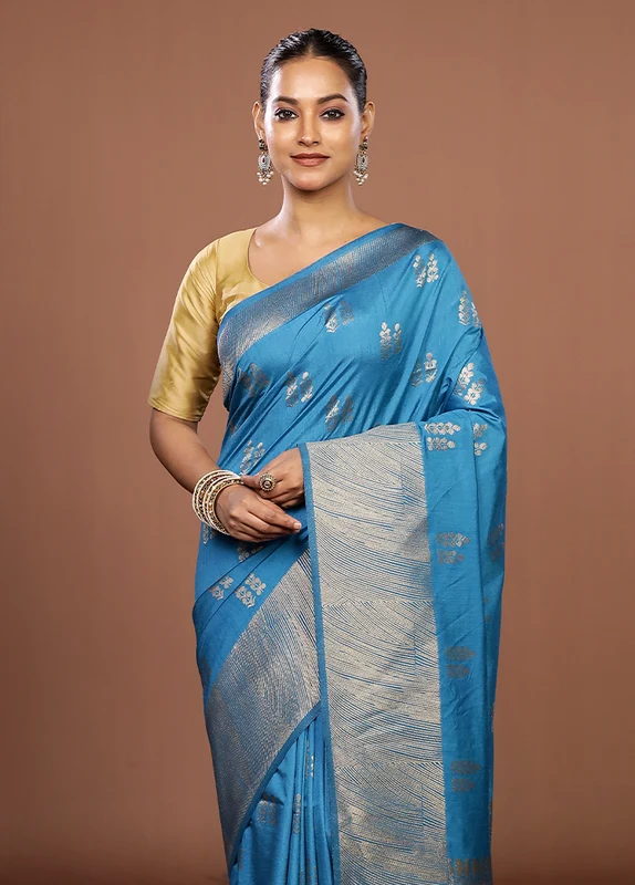 Blue Dupion Silk Saree With Blouse Piece One Size