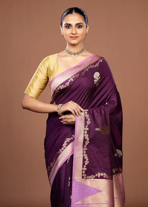 Purple Dupion Silk Saree With Blouse Piece One Size