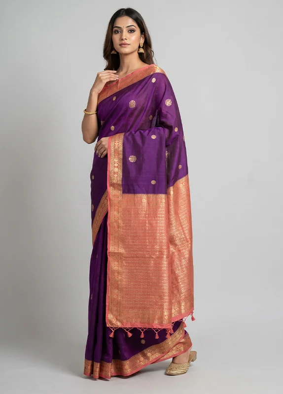 Purple Dupion Silk Saree With Blouse Piece One Size