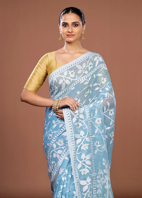 Blue Jamdani Cotton Saree Without Blouse Piece One Size