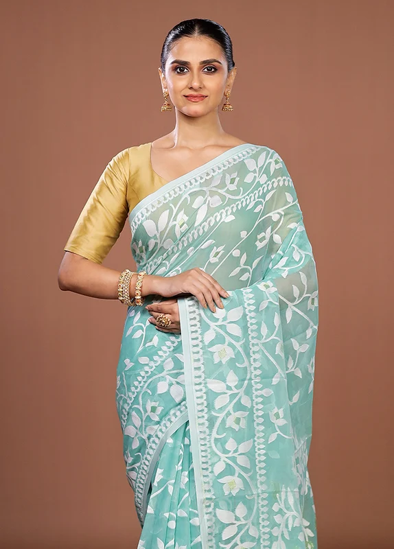 Blue Jamdani Cotton Saree Without Blouse Piece One Size