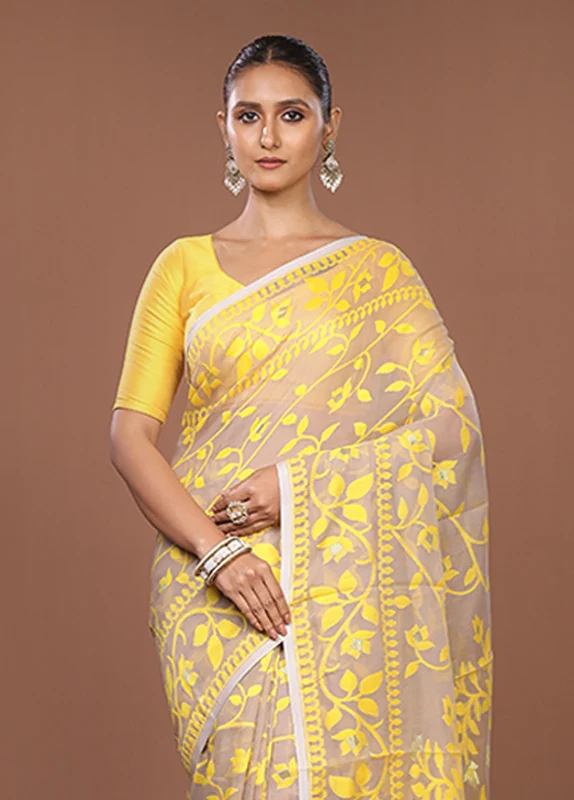 Grey Jamdani Cotton Saree Without Blouse Piece One Size