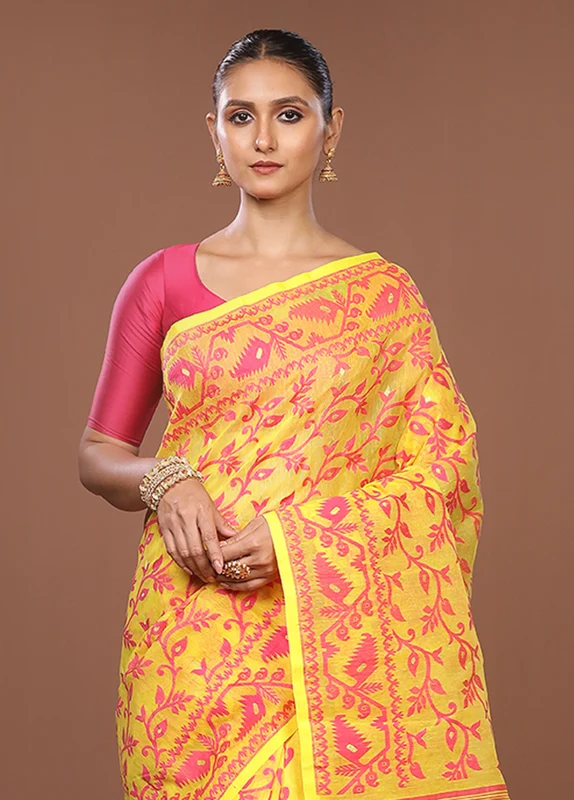 Yellow Jamdani Cotton Saree Without Blouse Piece One Size