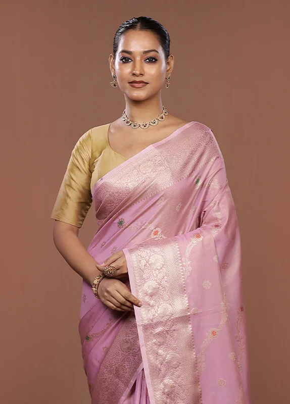 Pink Dupion Silk Saree With Blouse Piece One Size