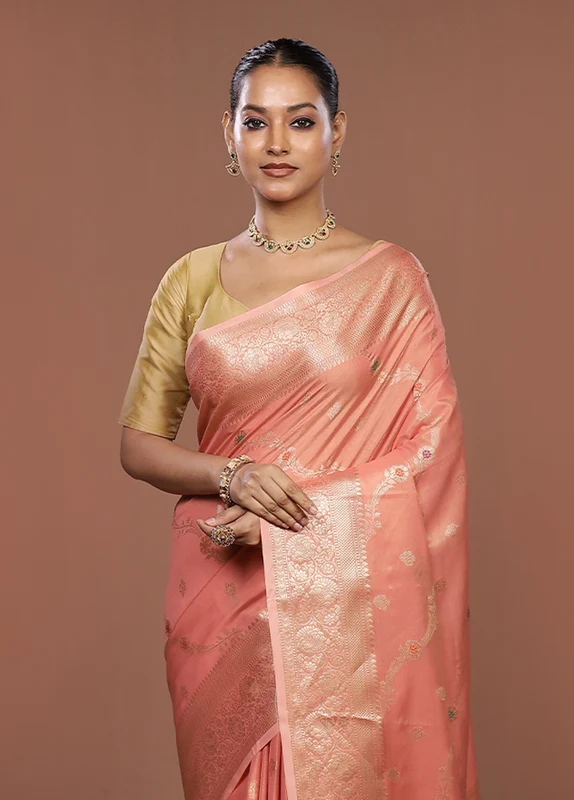 Peach Dupion Silk Saree With Blouse Piece One Size