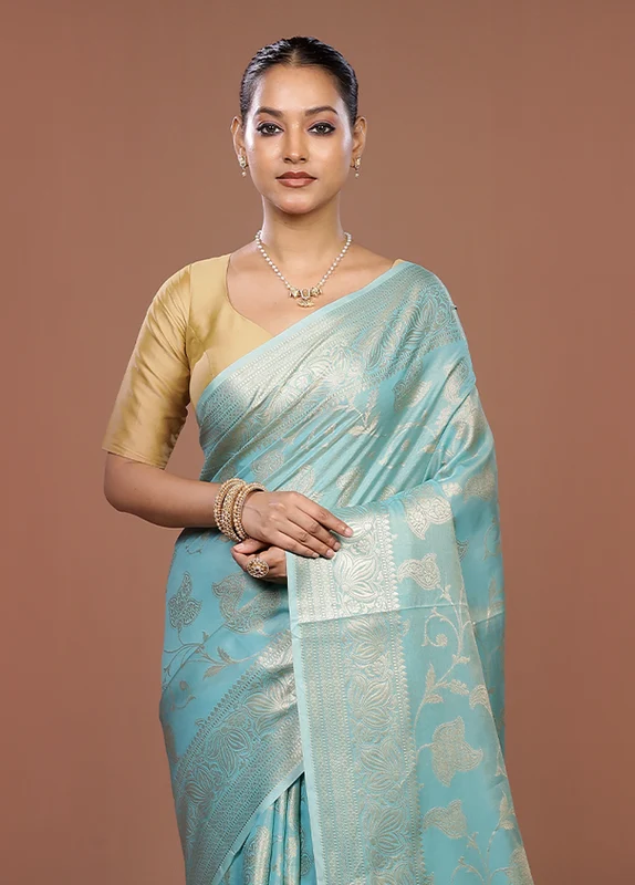Blue Dupion Silk Saree With Blouse Piece One Size