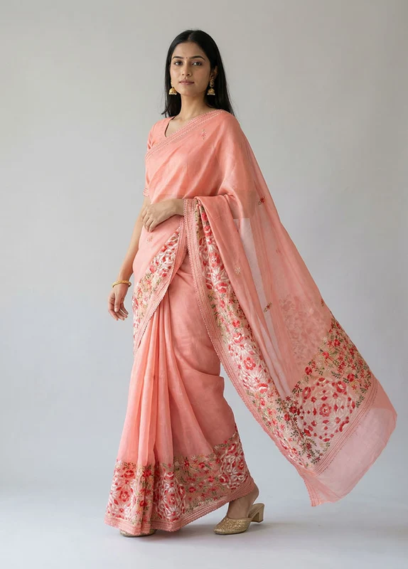 Pink Tussar Silk Saree With Blouse Piece One Size