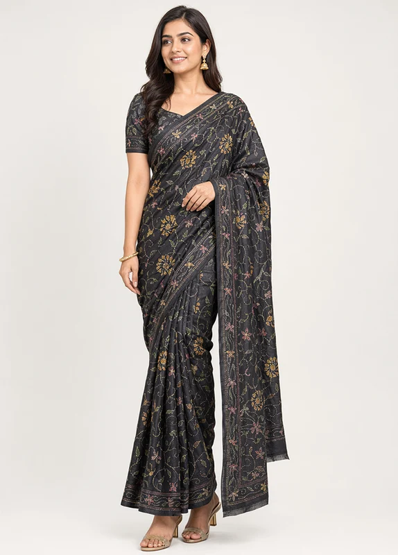 Black Handloom Tussar Pure Silk Saree With Blouse Piece One Size