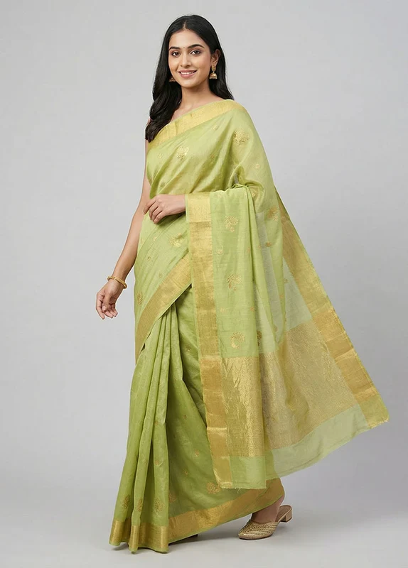 Green Chanderi Silk Saree With Blouse Piece One Size