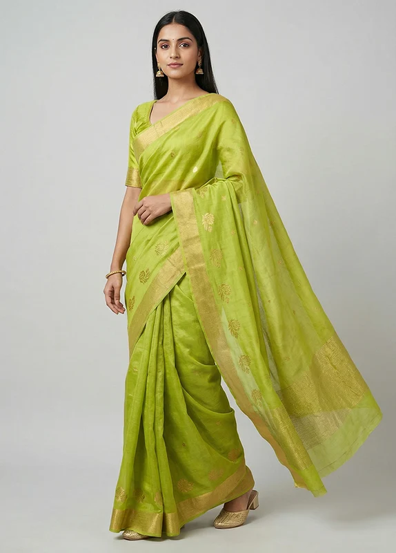 Green Chanderi Silk Saree With Blouse Piece One Size