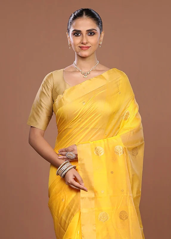 Yellow Chanderi Silk Saree With Blouse Piece One Size