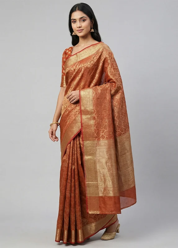 Rust Kora Silk Saree With Blouse Piece One Size