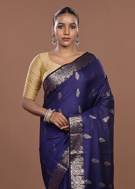 Blue Dupion Silk Saree With Blouse Piece One Size