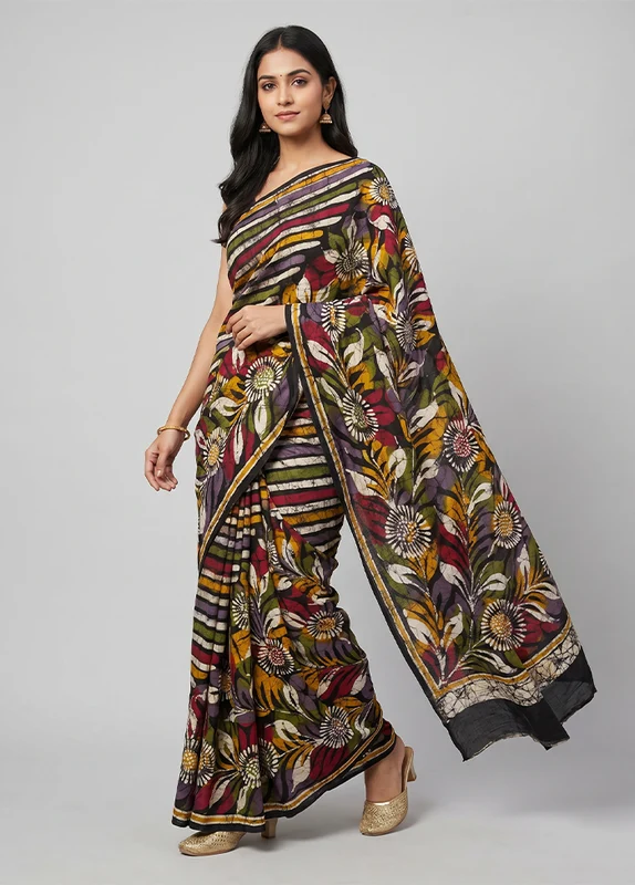 Black Printed Silk Saree Without Blouse Piece One Size