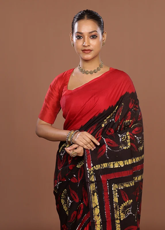 Black Printed Silk Saree Without Blouse Piece One Size
