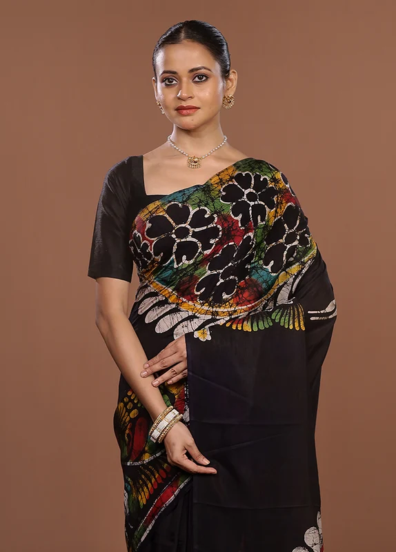 Black Printed Silk Saree Without Blouse Piece One Size