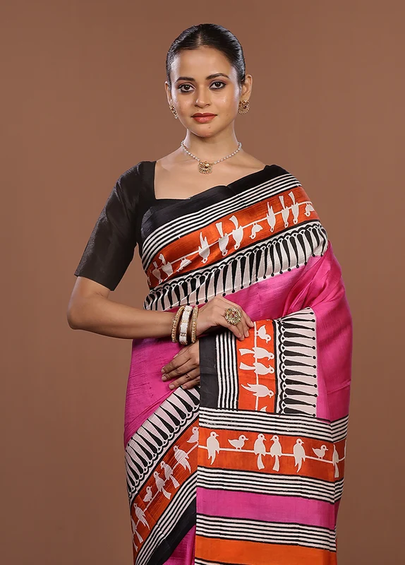Pink Printed Silk Saree Without Blouse Piece One Size