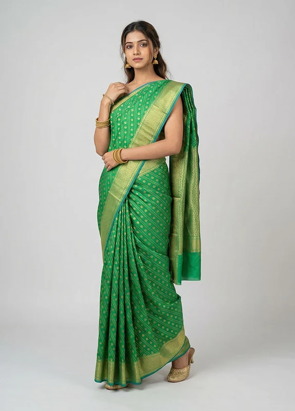 Green Kora Silk Saree With Blouse Piece One Size