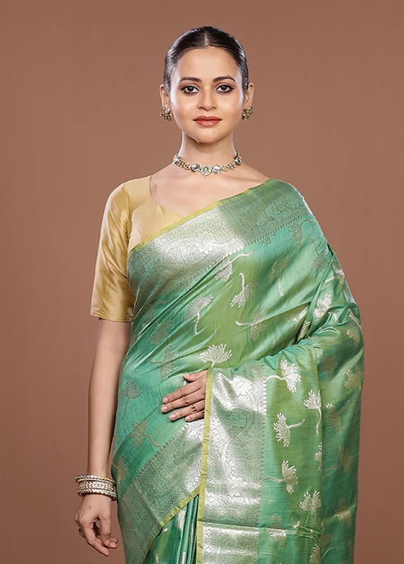 Green Dupion Silk Saree With Blouse Piece One Size