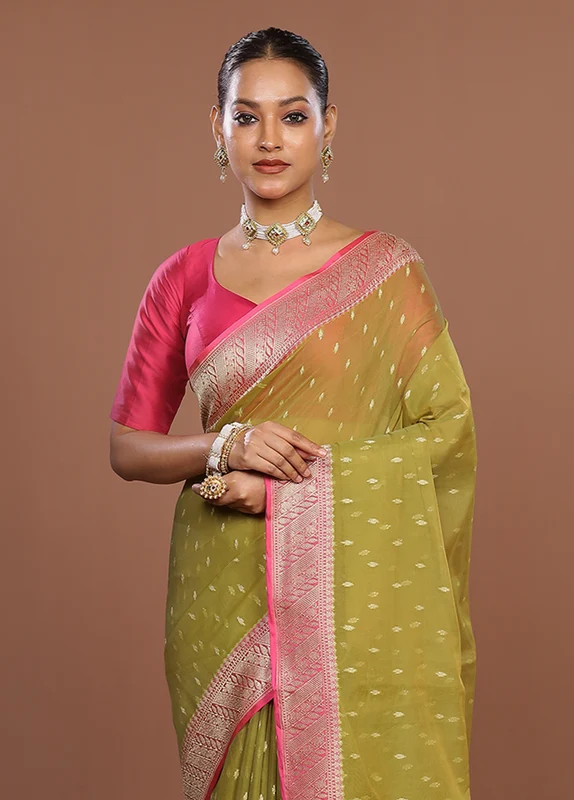 Green Kora Silk Saree With Blouse Piece One Size