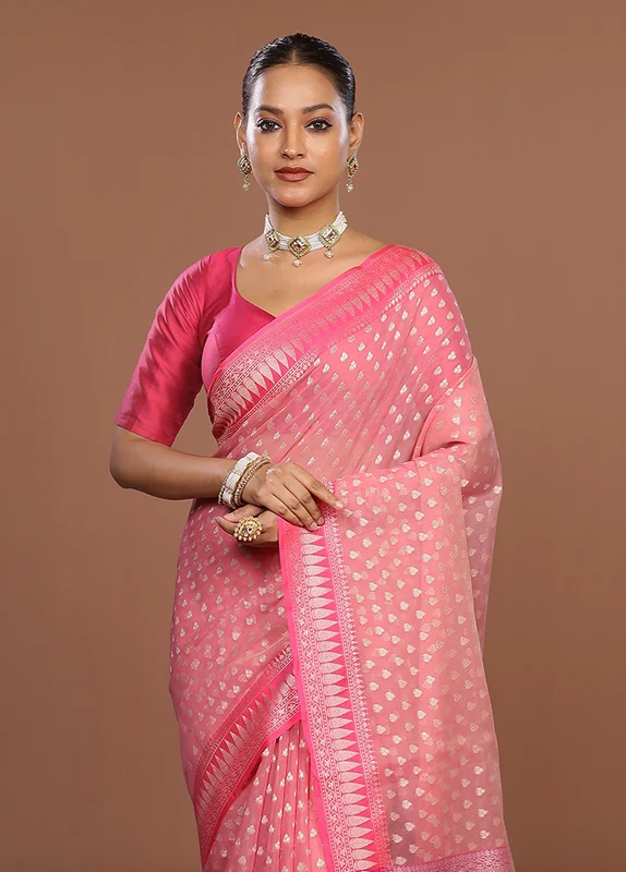 Pink Kora Silk Saree With Blouse Piece One Size