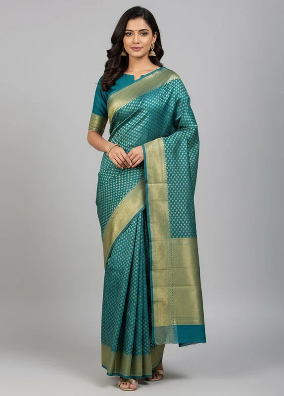 Blue Kora Silk Saree With Blouse Piece One Size