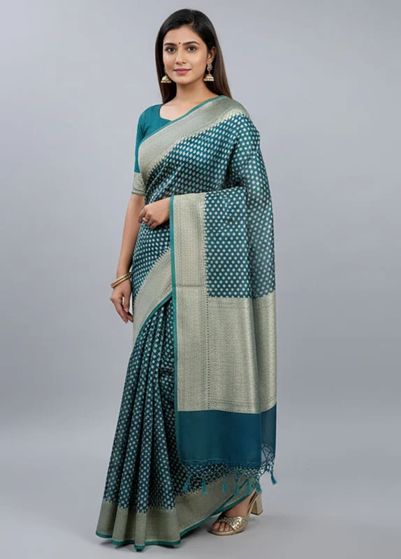 Green Kora Silk Saree With Blouse Piece One Size