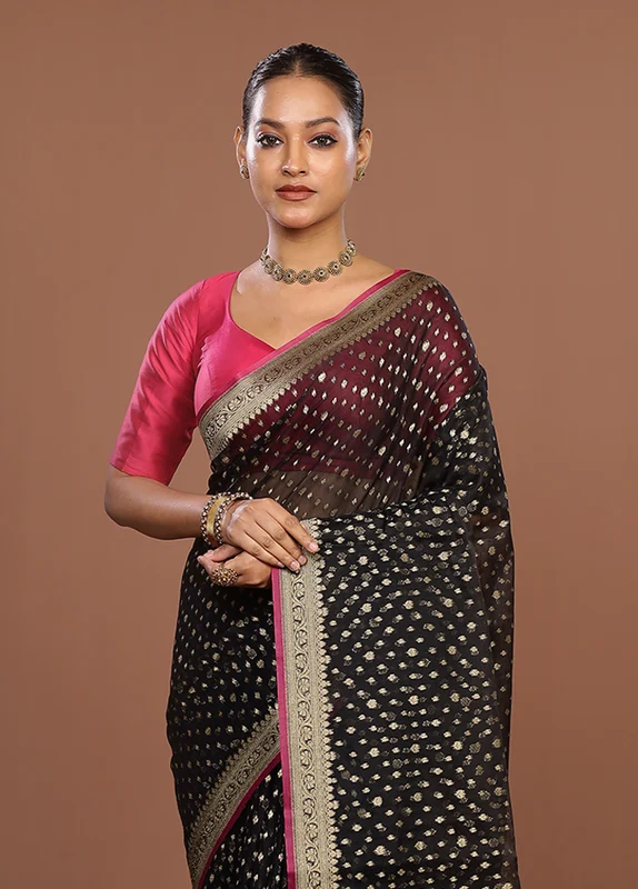 Black Kora Silk Saree With Blouse Piece One Size