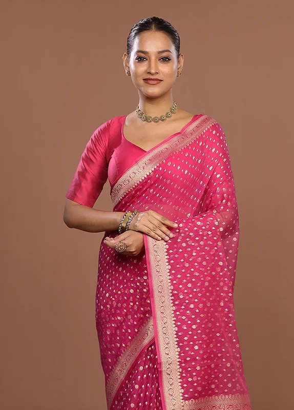 Pink Kora Silk Saree With Blouse Piece One Size